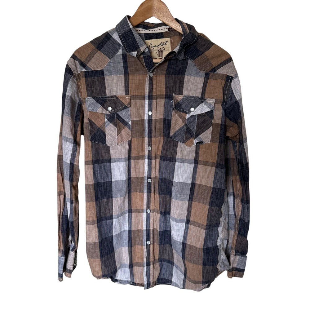 Coastal‎ Plaid Button Down Mens Large Brown Excellent Western Snap Cotton Shirt